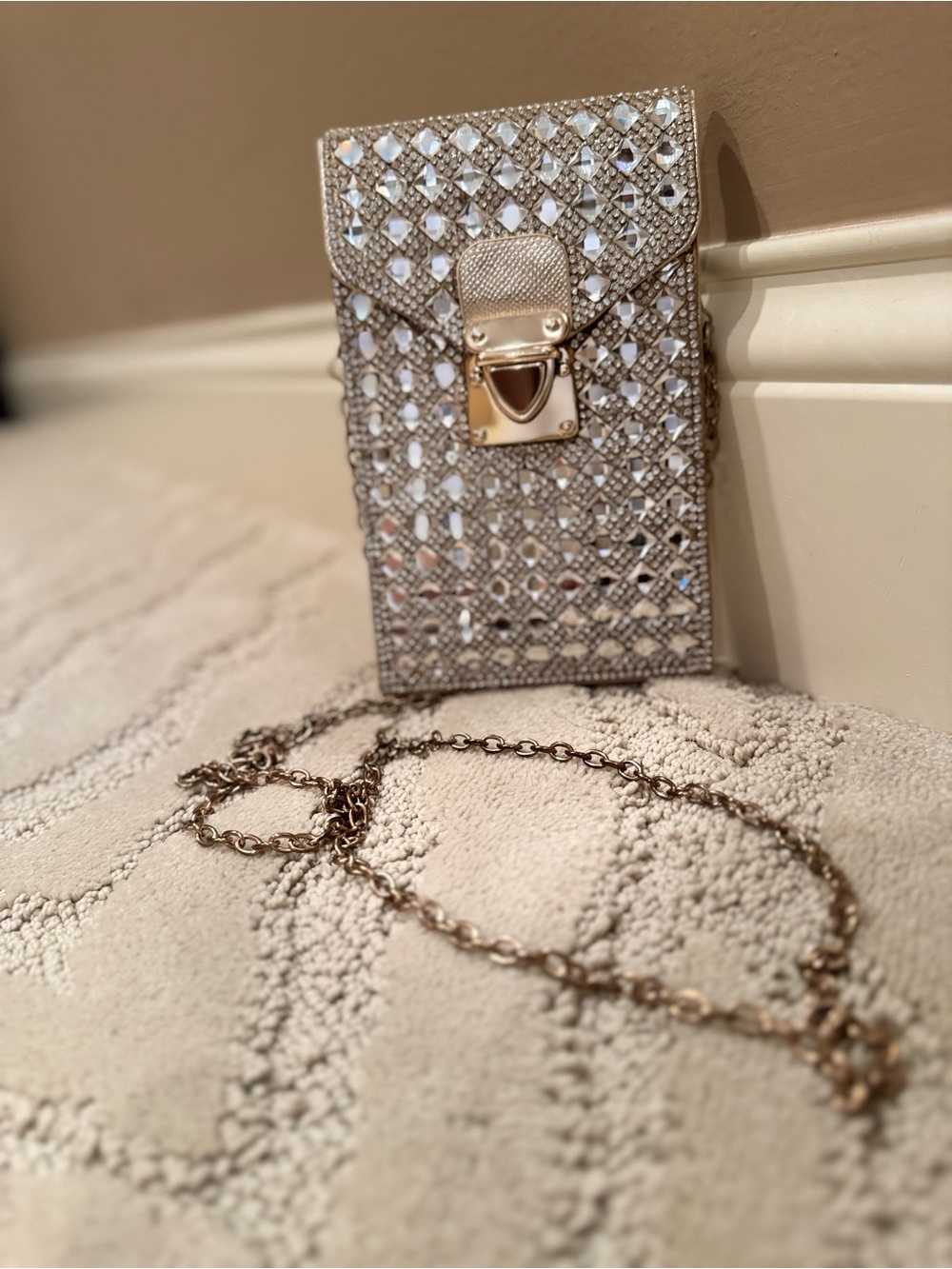 Embellished Silver Crossbody Phone Bag with Chain